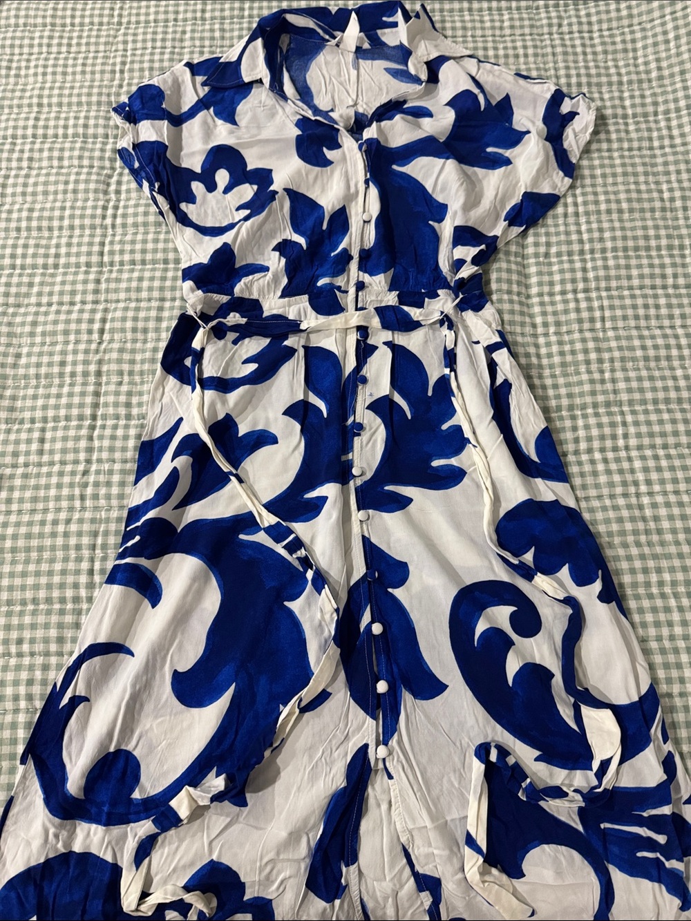 H&M White Midi Dress with Bold Royal Blue Floral Pattern
